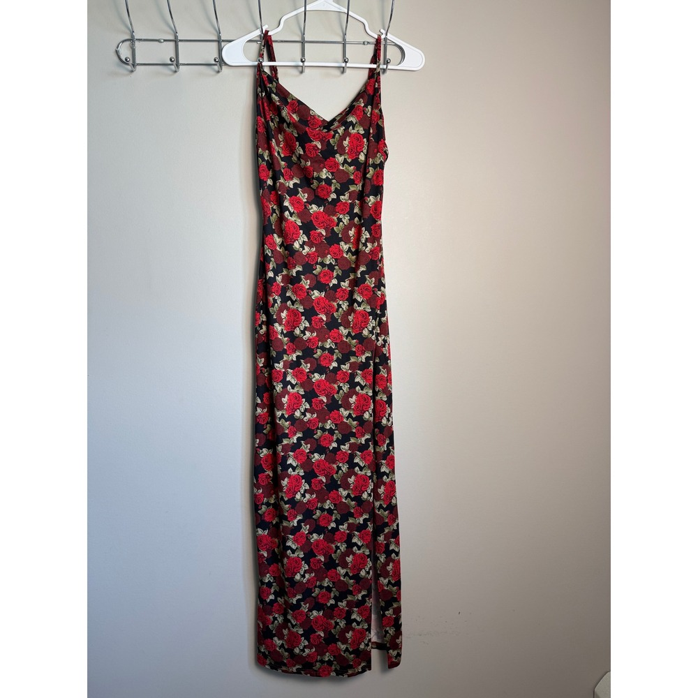 SHEIN Floral Cowl Neck Maxi Dress Red Rose Print Thigh Slit Romantic Date Night